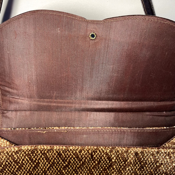 Vintage Chenille Corduroy Crossbody Purse Lock Buckle Leather Mod Retro Mob Wife - Picture 9 of 16